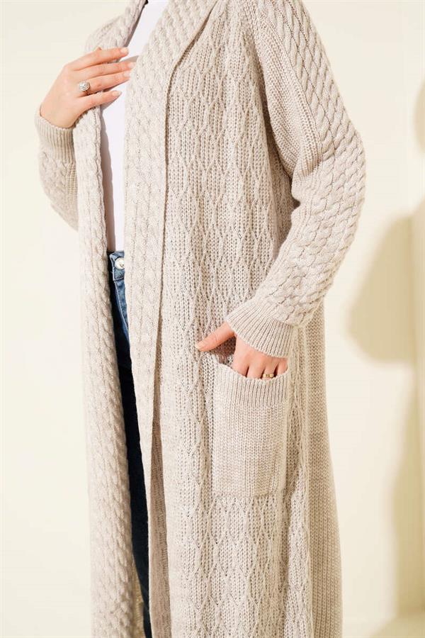 Shawl Collar Knitted Embossed Knitwear Cardigan Stone