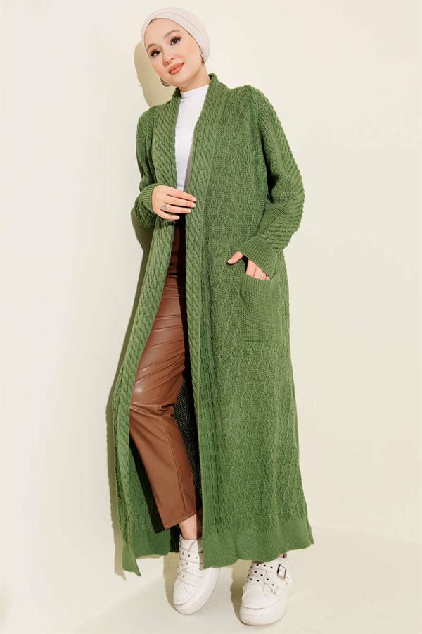 Shawl Collar Knitted Embossed Knitwear Cardigan Green