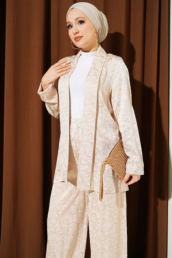 Shawl Collar Spiral Pattern Jacquard 2 Piece Set Beige