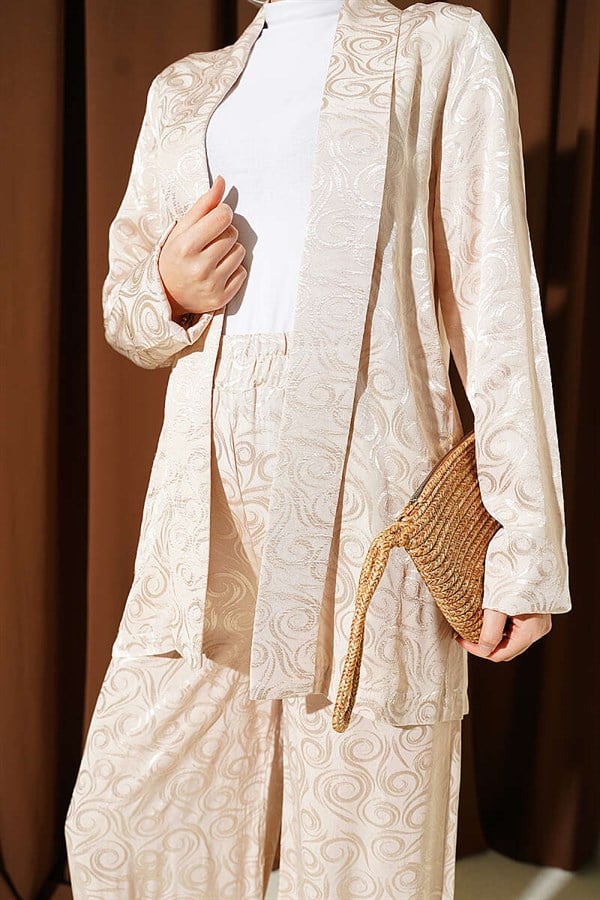 Shawl Collar Spiral Pattern Jacquard 2 Piece Set Beige