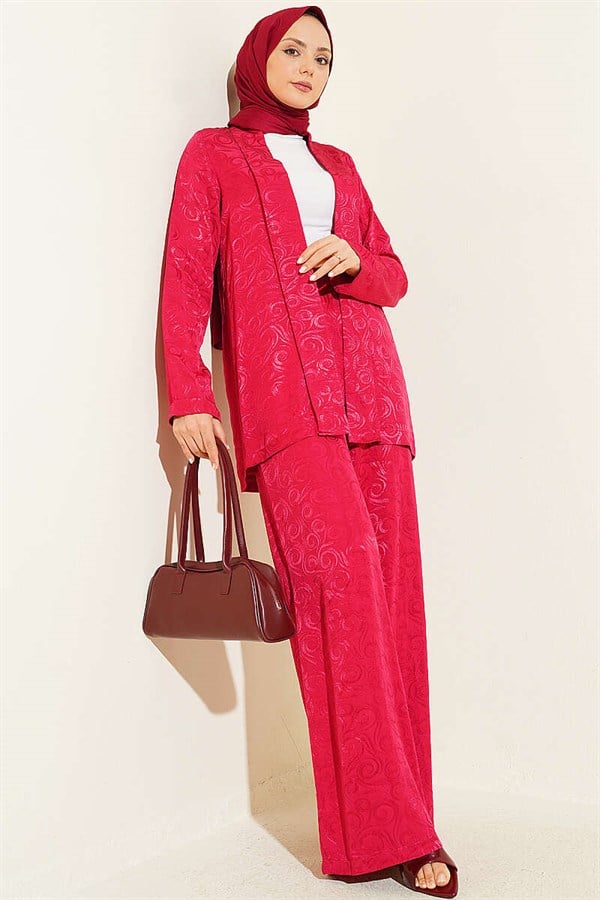 Shawl Collar Spiral Pattern Jacquard 2 Piece Set Burgundy
