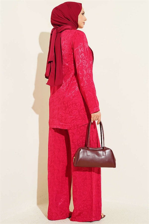 Shawl Collar Spiral Pattern Jacquard 2 Piece Set Burgundy