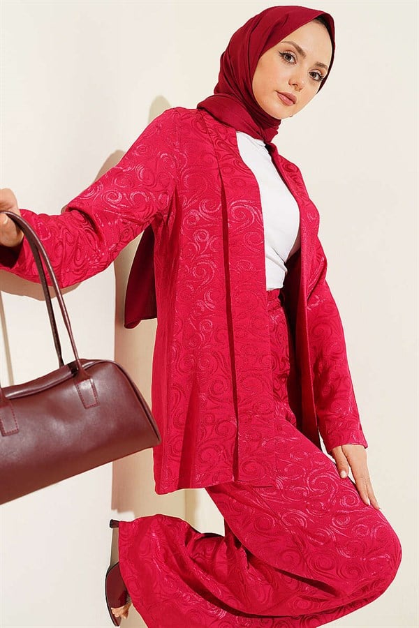 Shawl Collar Spiral Pattern Jacquard 2 Piece Set Burgundy