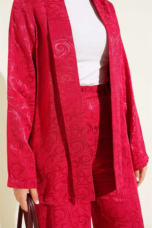 Shawl Collar Spiral Pattern Jacquard 2 Piece Set Burgundy