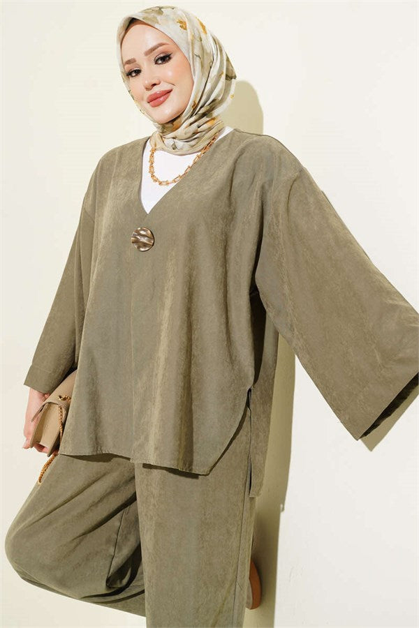 Casual One-Button 2 Piece Set in Khaki