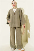 Casual One-Button 2 Piece Set in Khaki