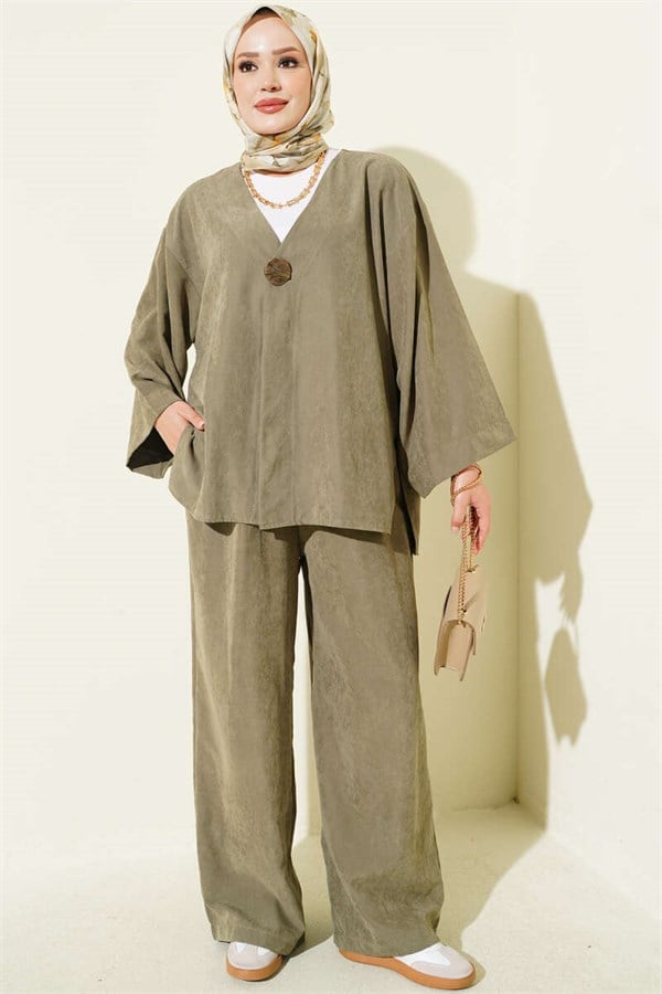 Casual One-Button 2 Piece Set in Khaki