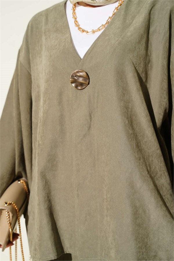 Casual One-Button 2 Piece Set in Khaki