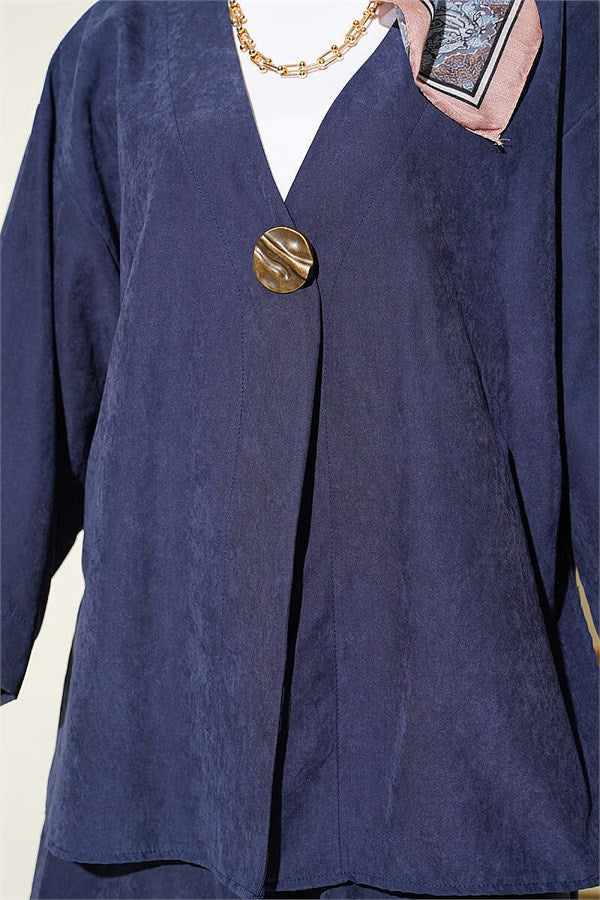 Casual One-Button Two-Piece Suit Navy Blue