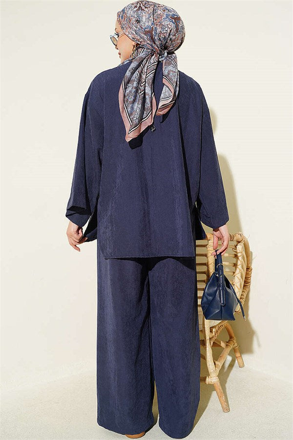 Casual One-Button Two-Piece Suit Navy Blue