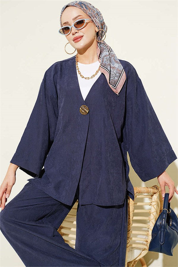 Casual One-Button Two-Piece Suit Navy Blue