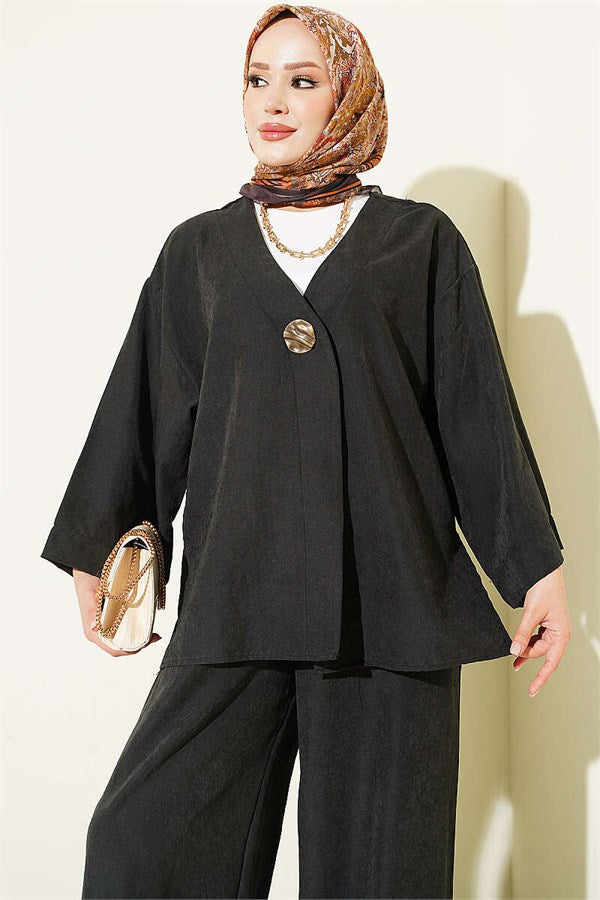 Casual One-Button 2 Piece Set, Black