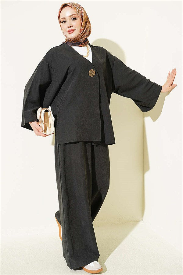 Casual One-Button 2 Piece Set, Black