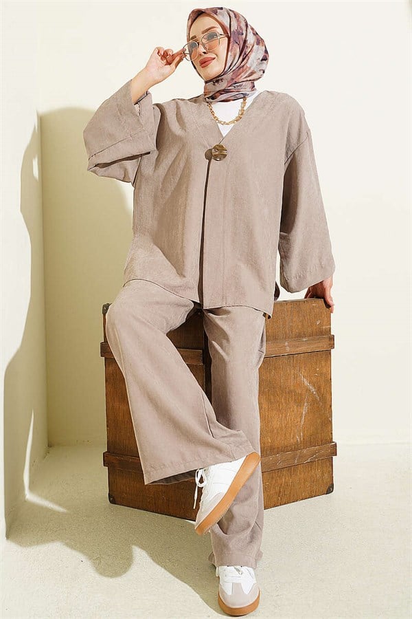 Casual One-Button 2 Piece Set in Mink