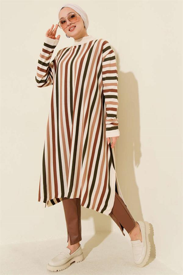 Casual Long Striped Knit Tunic Beige