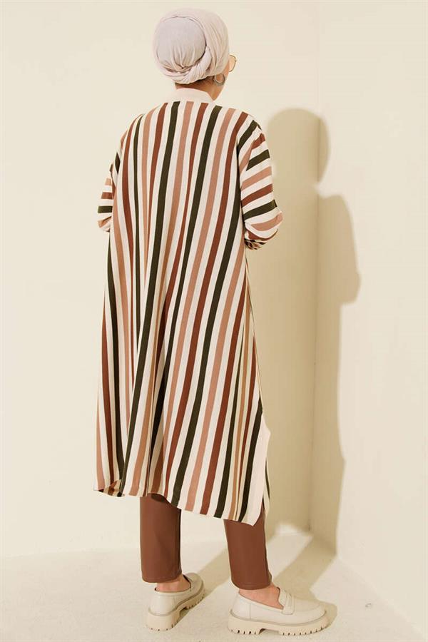 Casual Long Striped Knit Tunic Beige