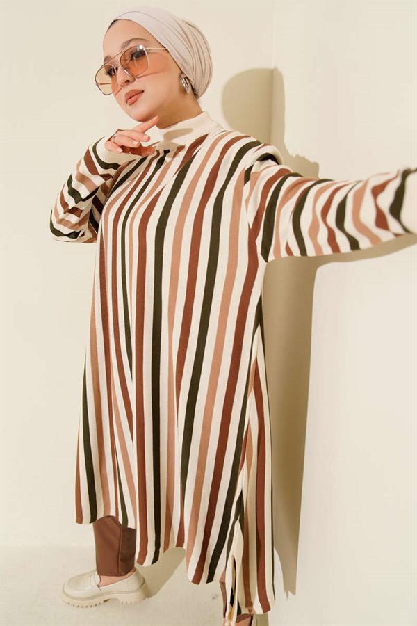 Casual Long Striped Knit Tunic Beige