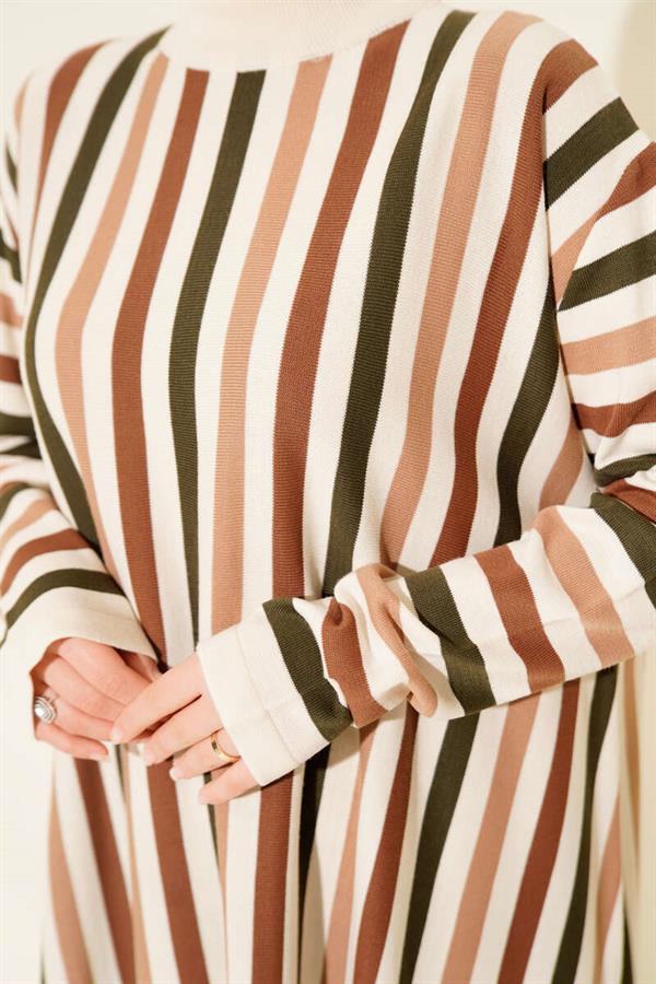 Casual Long Striped Knit Tunic Beige