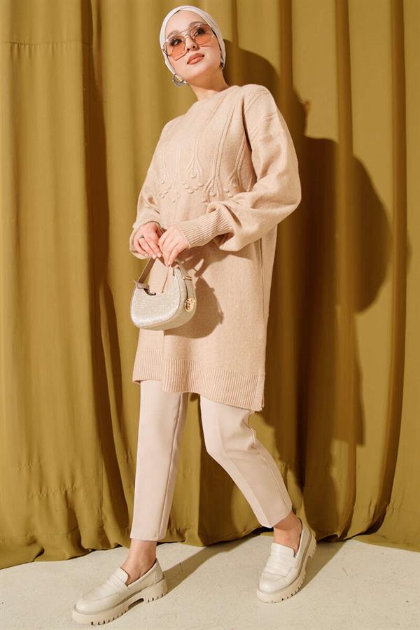 Cluster Embossed Soft Knitwear Tunic Latte