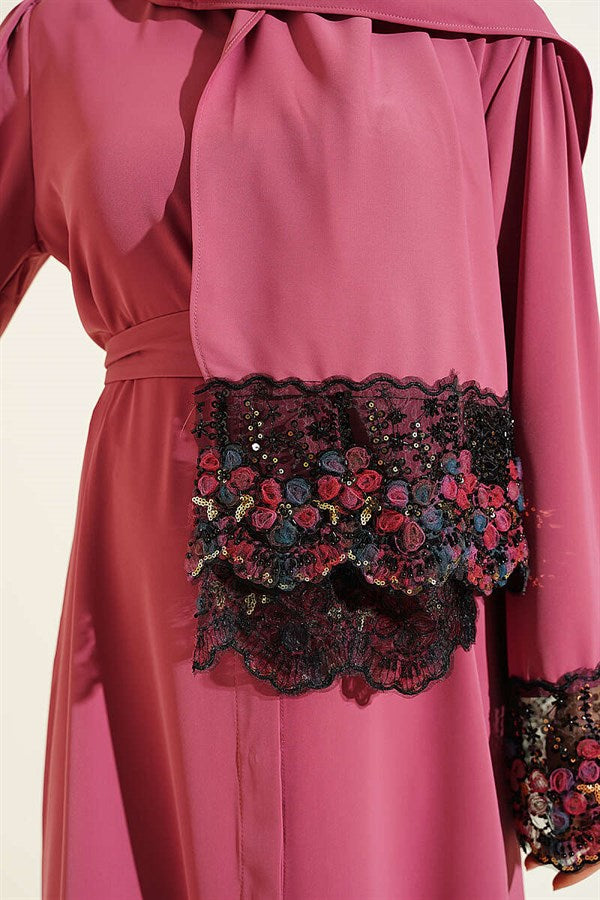 Shawl-Decorated Abaya Dress in Rose Pink