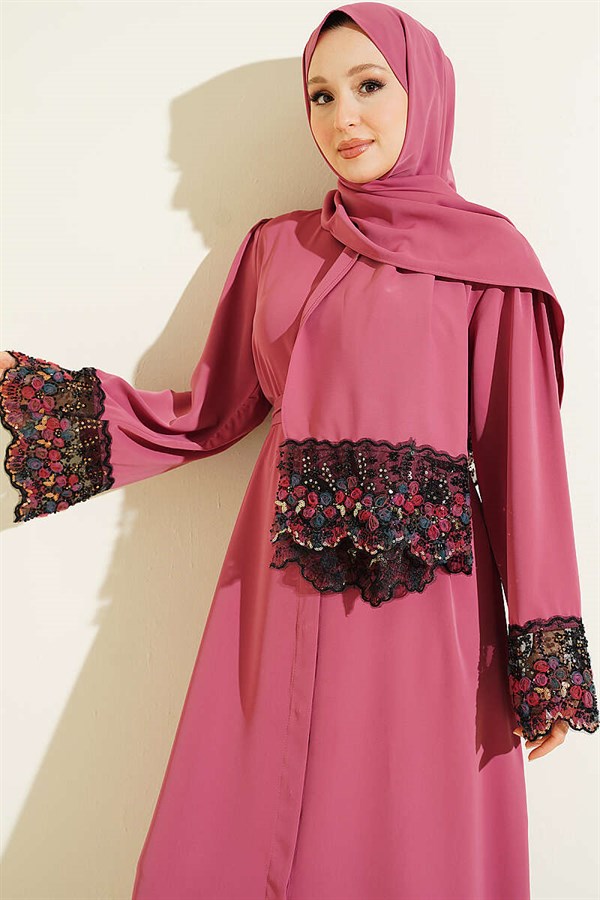 Shawl-Decorated Abaya Dress in Rose Pink