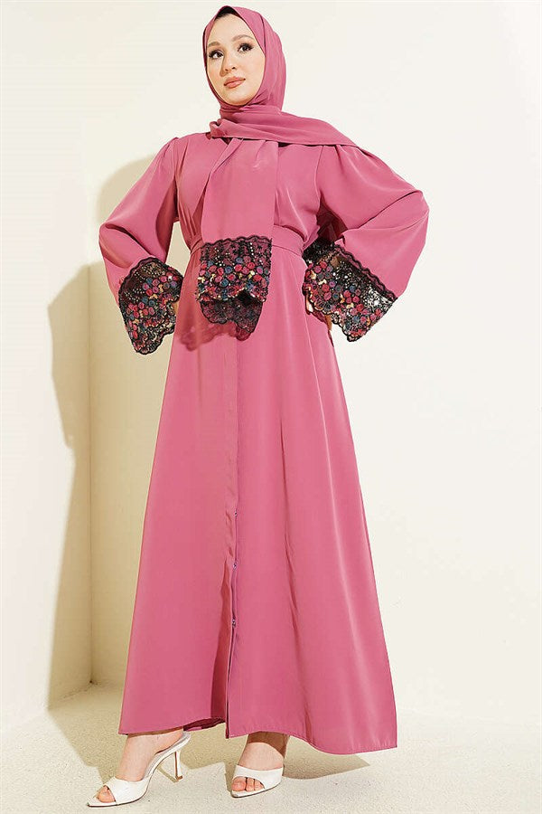 Shawl-Decorated Abaya Dress in Rose Pink
