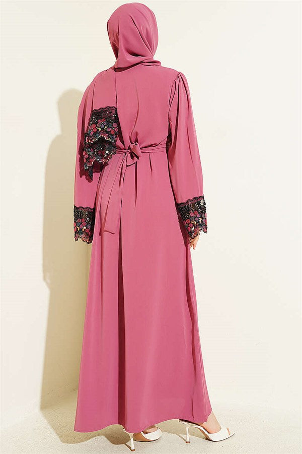 Shawl-Decorated Abaya Dress in Rose Pink
