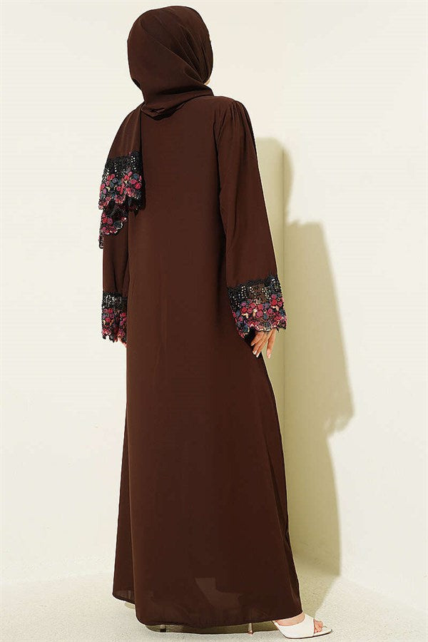 Shawl-Decorated Abaya Dress in Brown