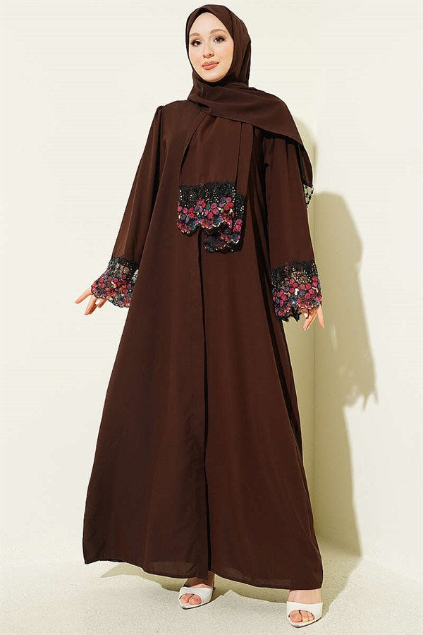 Shawl-Decorated Abaya Dress in Brown