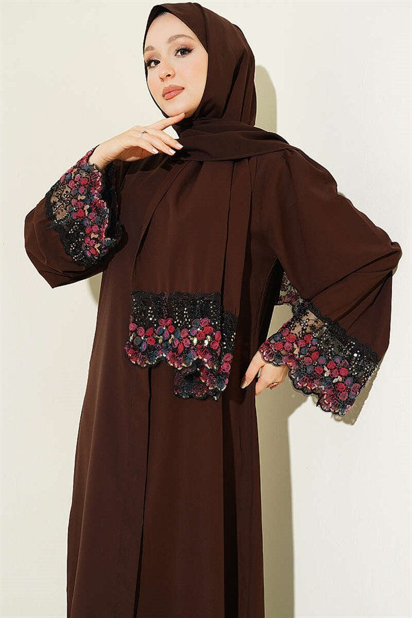 Shawl-Decorated Abaya Dress in Brown