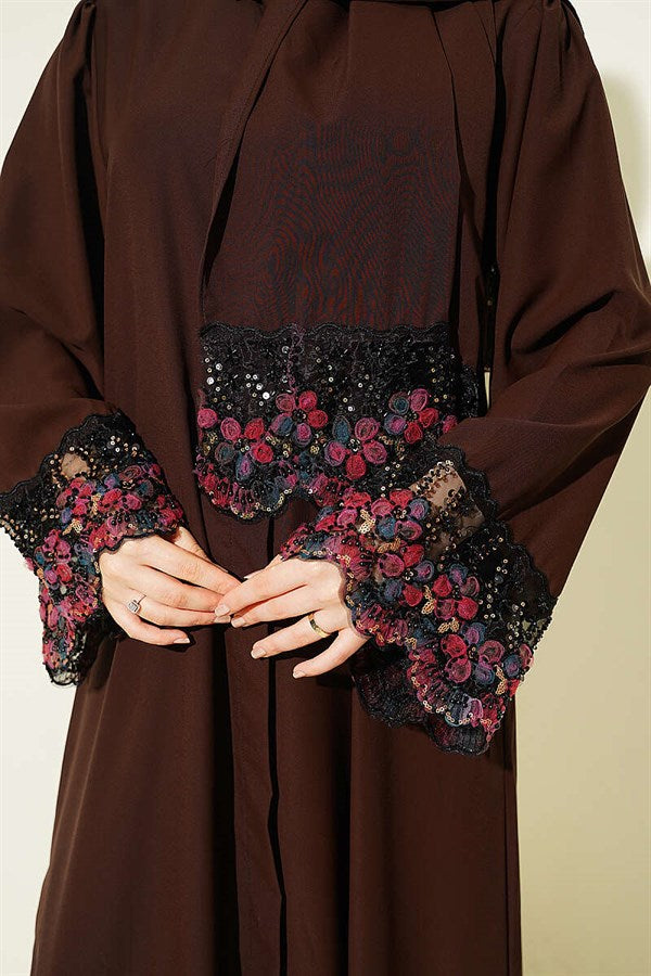 Shawl-Decorated Abaya Dress in Brown