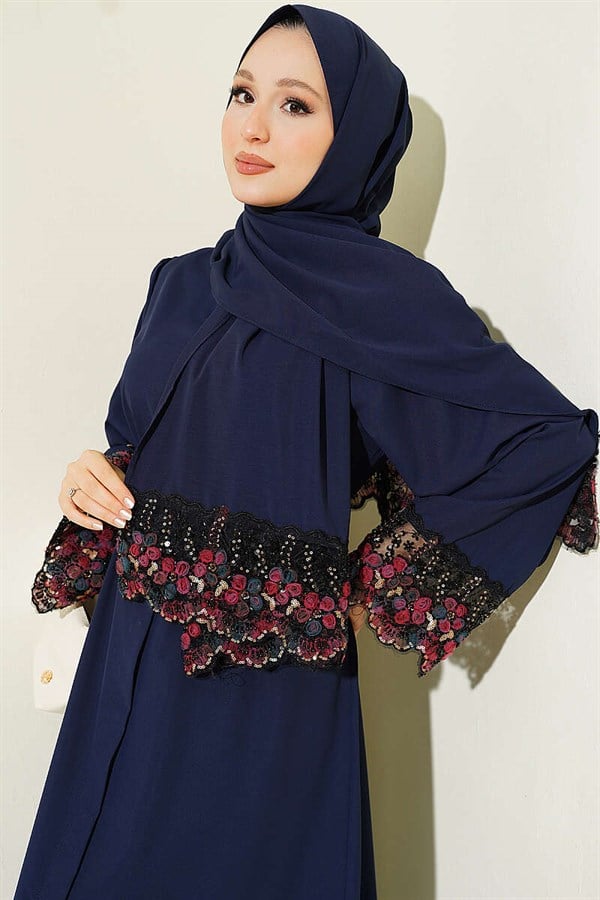 Navy Blue Abaya Dress with Shawl and Floral Embellishments