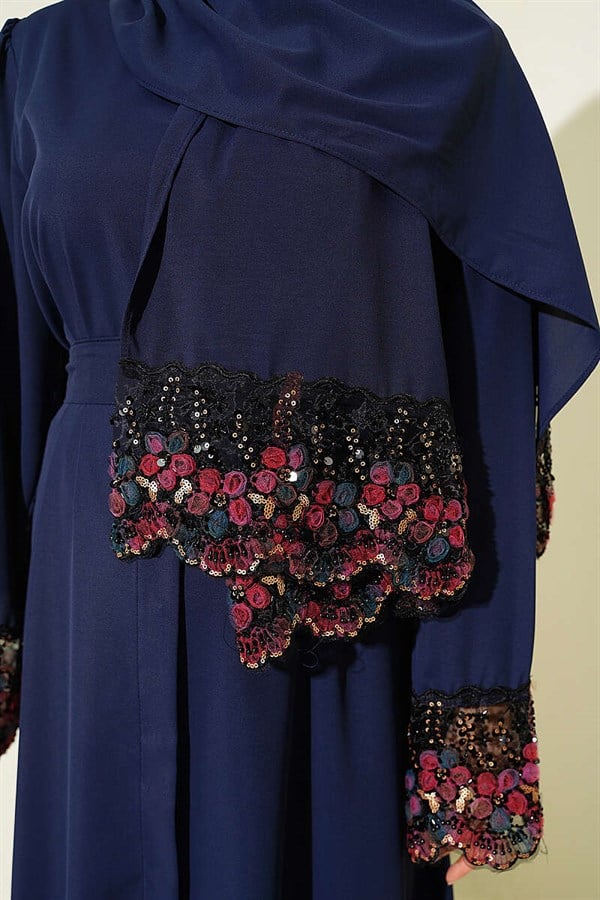 Navy Blue Abaya Dress with Shawl and Floral Embellishments