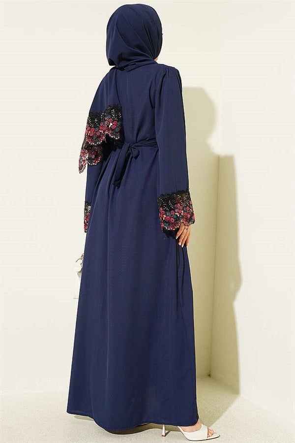 Navy Blue Abaya Dress with Shawl and Floral Embellishments