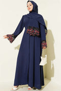 Navy Blue Abaya Dress with Shawl and Floral Embellishments