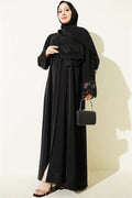 Black Lace Abaya Dress with Floral Embellishments and Shawl