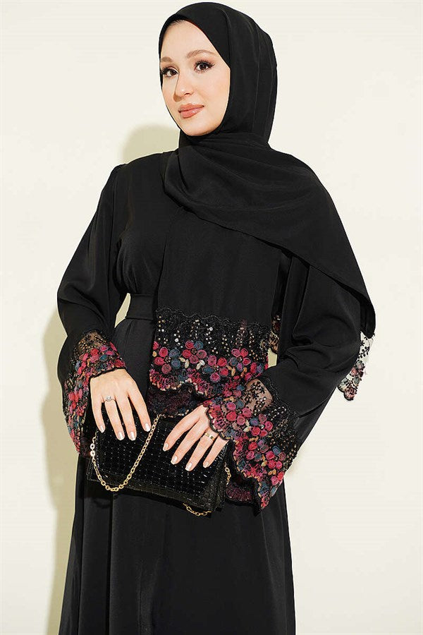 Black Abaya Dress with Shawl and Flower Embellishments