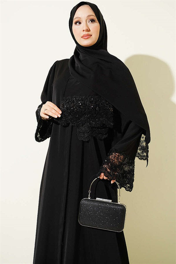 Black Lace Abaya Dress with Floral Embellishments and Shawl