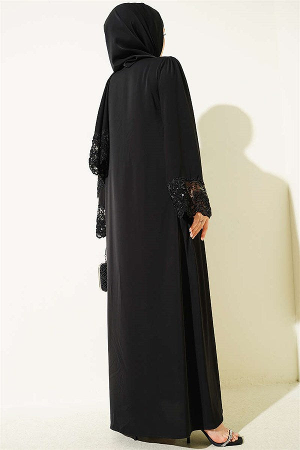 Black Lace Abaya Dress with Floral Embellishments and Shawl