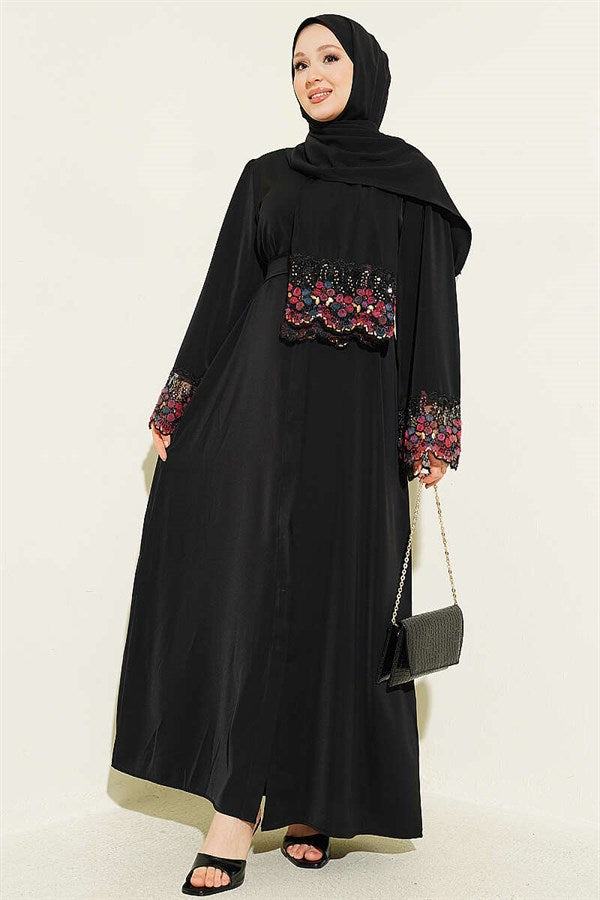 Black Abaya Dress with Shawl and Flower Embellishments