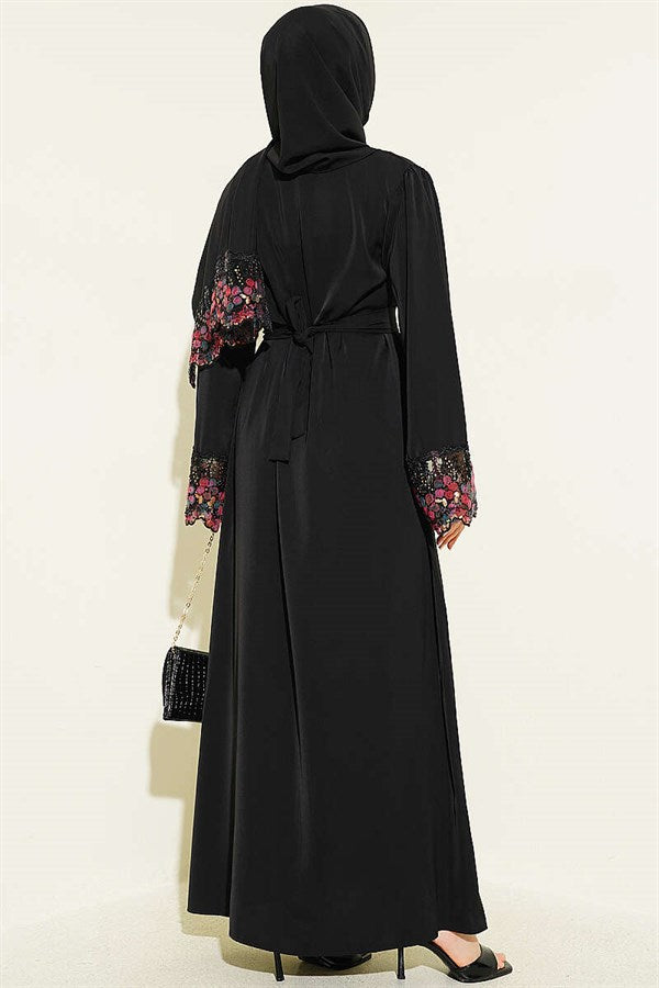 Black Abaya Dress with Shawl and Flower Embellishments