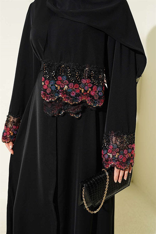 Black Abaya Dress with Shawl and Flower Embellishments