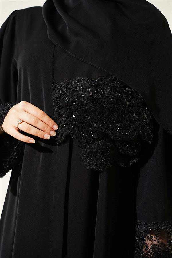 Black Lace Abaya Dress with Floral Embellishments and Shawl