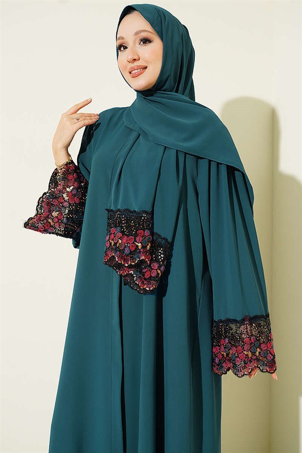 Emerald Green Abaya Dress with Shawl and Flower Embellishments