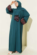 Emerald Green Abaya Dress with Shawl and Flower Embellishments