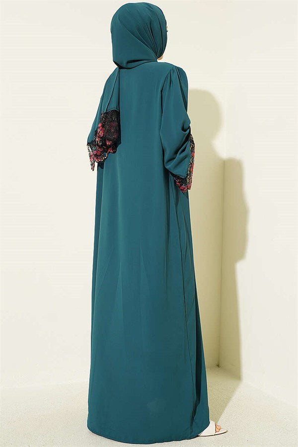 Emerald Green Abaya Dress with Shawl and Flower Embellishments