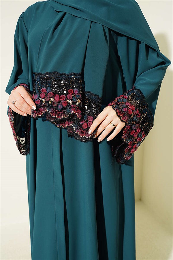 Emerald Green Abaya Dress with Shawl and Flower Embellishments