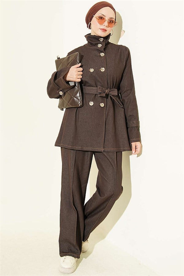 Snail Button Denim 2 Piece Set in Dark Brown