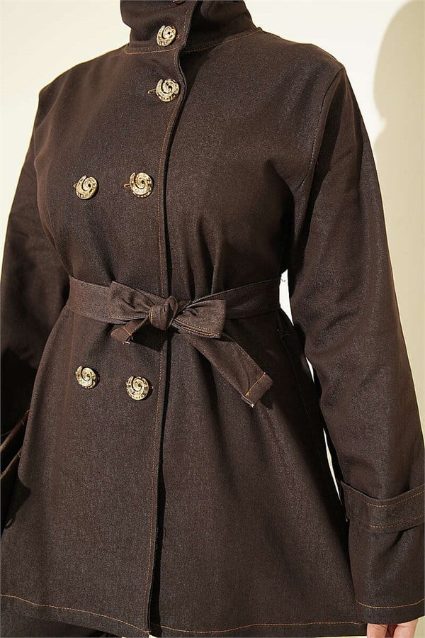 Snail Button Denim 2 Piece Set in Dark Brown