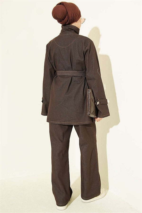 Snail Button Denim 2 Piece Set in Dark Brown